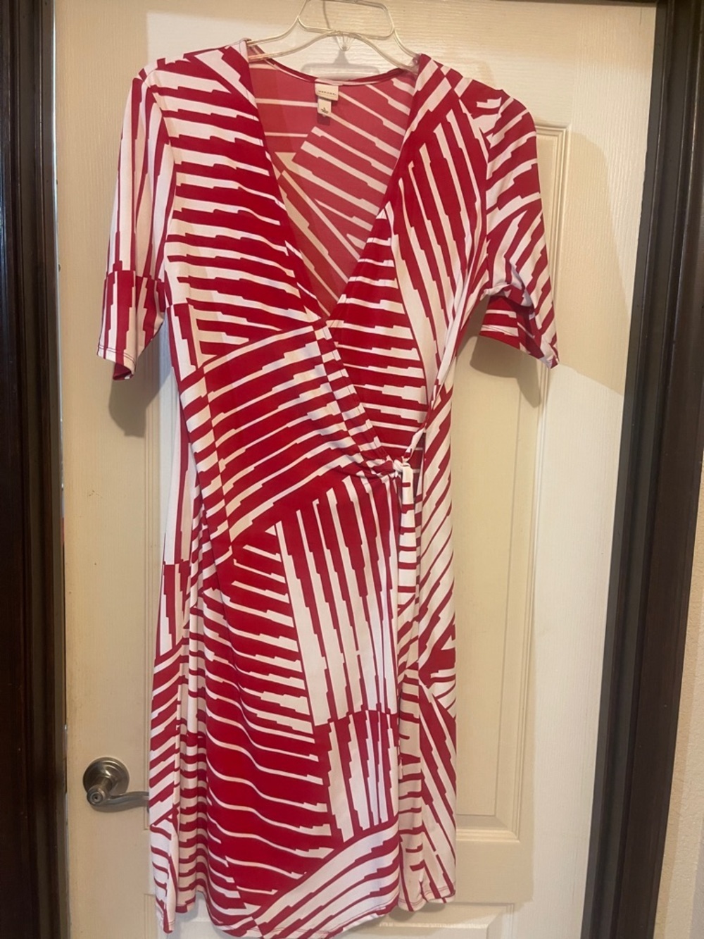 Merona Red and White Geometric Wrap-Style Midi Dress - Picture 2 of 4